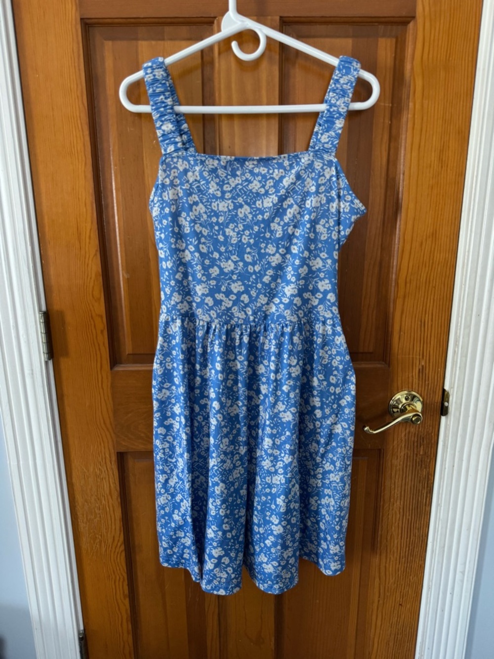 Classic Blue Floral Midi Dress with Wide Straps